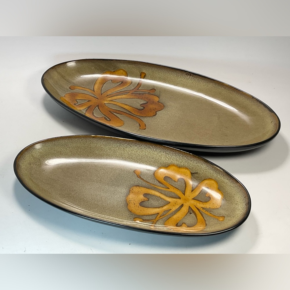 Pier 1 Imports Kioko Oval Hand Painted Floral Stoneware Serving Platter Dish Set